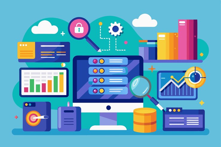 Vector una visión general informativa del análisis de almacenamiento de datos en una computadora que muestra gráficos, gráficos y características de seguridad en un vibrante espacio de trabajo digital