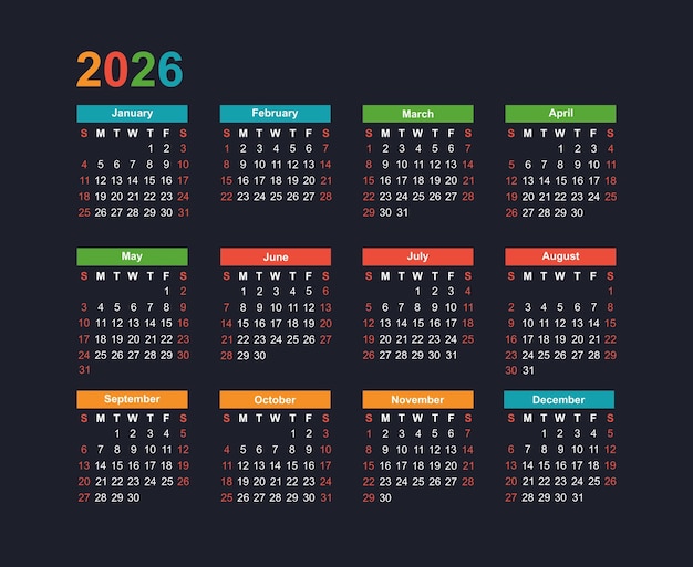 Visión general mensual del calendario de 2026