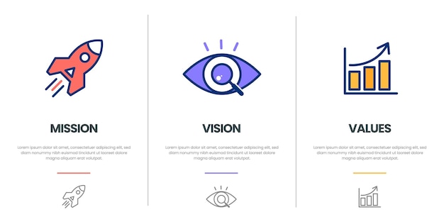 Visión de la misión y valores de la empresa Infografía plana moderna Diseño infográfico del objetivo de la empresa con Mode