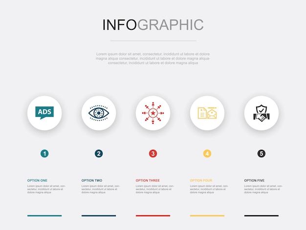 Visión publicitaria Conciencia de marca Identidad corporativa Iconos de confianza Plantilla de diseño infográfico Concepto creativo con 5 pasos