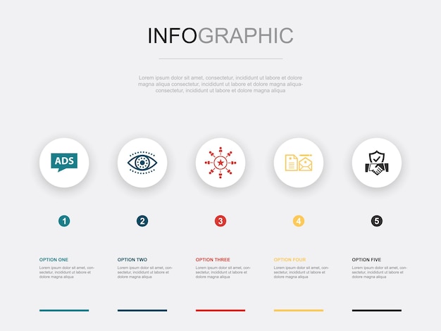 Vector visión publicitaria conciencia de marca identidad corporativa iconos de confianza plantilla de diseño infográfico concepto creativo con 5 pasos