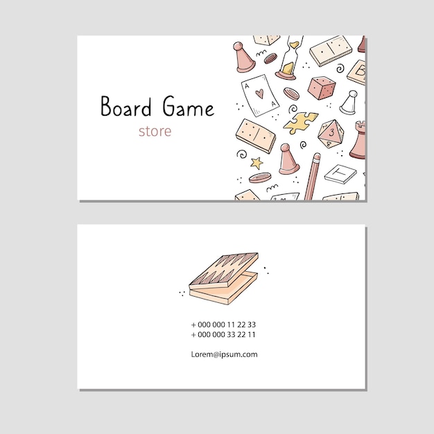 Visita tarjeta con elemento de juego de mesa, cartas, ajedrez, reloj de arena, fichas, dados, dominó. Estilo de dibujo Doodle.