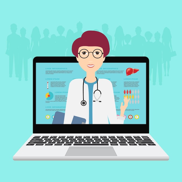Vector visita de video de práctica médica femenina a través de internet dando recetas consultando el concepto de medicina