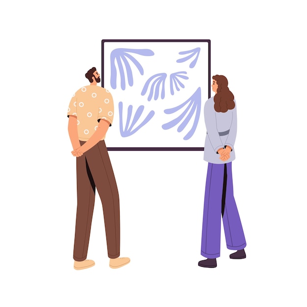 Visitantes de una galería de arte contemporáneo mirando una pintura abstracta vista trasera La gente está de pie disfrutando de la imagen en la exposición de moda Exposición en el museo Ilustración vectorial aislada plana en blanco