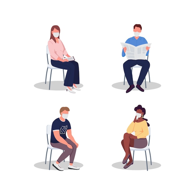 Los visitantes del hospital en máscaras planas personajes incoloros establecidos. Cita medica. Sala de espera clínica experiencia dibujos animados aislados