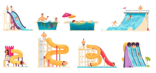 Vector los visitantes del parque acuático disfrutan de atracciones 8 composiciones de dibujos animados de cómics con toboganes de agua ilustración vectorial de baño de jacuzzi familiar