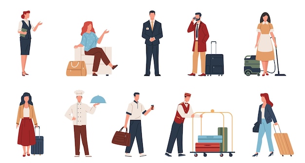 Visitantes y personal del hotel Viajeros huéspedes con equipaje pendientes de colocación Gente criada profesional recepcionista guardia de seguridad dibujos animados planos personajes aislados conjunto vectorial actual