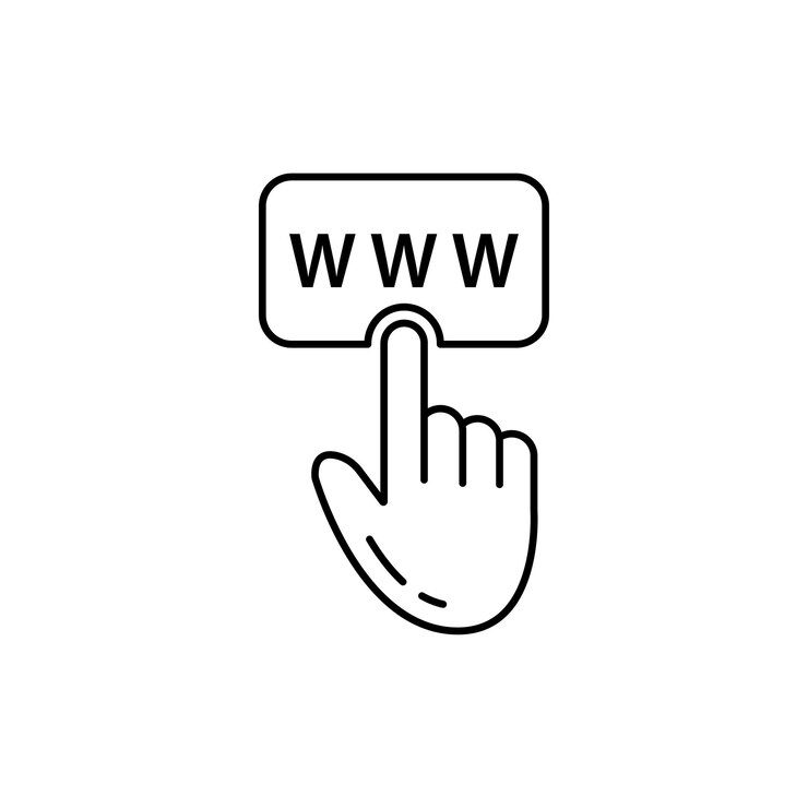 Vector para visitar el sitio web como la mano de línea delgada con el botón www concepto de enlace de búsqueda fácil en la red y la página web navegación lineal plano moderno simple logotipo gráfico