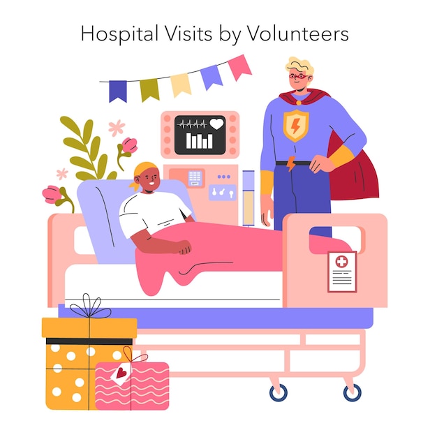 Visitas al hospital por voluntarios concepto una visita reconfortante de un héroe en capa a un paciente en un