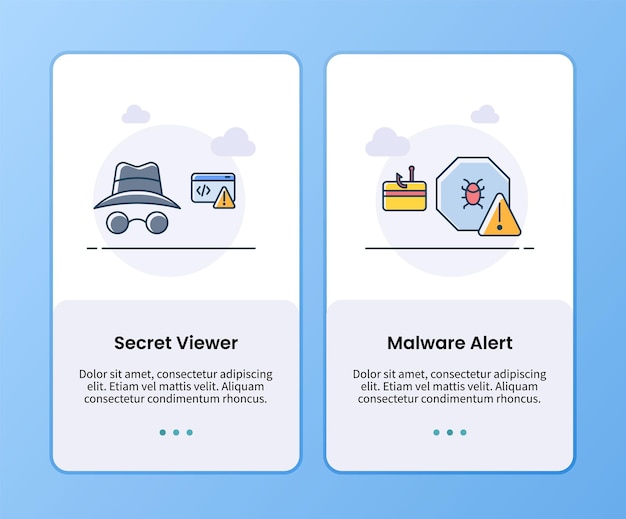 Visor de secretos de seguridad de internet y plantilla de incorporación de alertas de malware para la ilustración de vector de diseño de aplicaciones de interfaz de usuario móvil