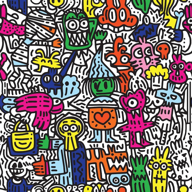 Víspera de Todos los Santos. Patrón sin fisuras en elementos de estilo doodle y dibujos animados.