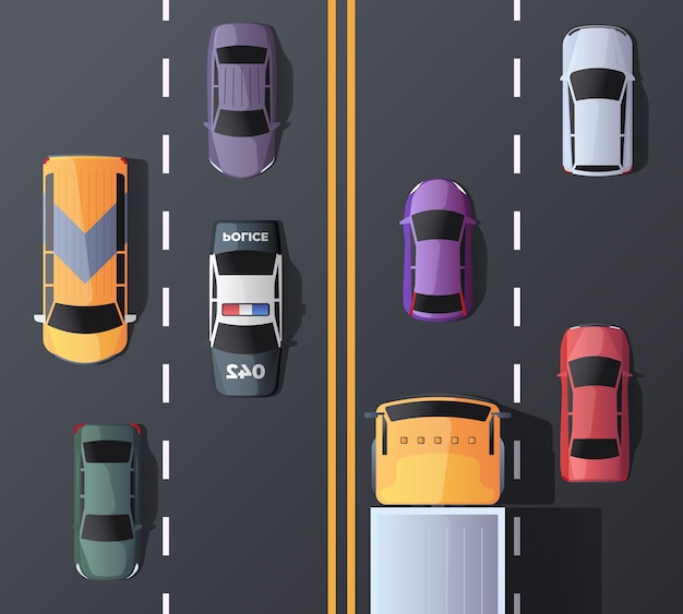 Vista aérea de la autopista Vista superior de dibujos animados de la calle de la ciudad con varios automóviles y camiones camiones camión de bomberos camioneta sedán furgoneta SUV tráfico desde arriba Ilustración vectorial