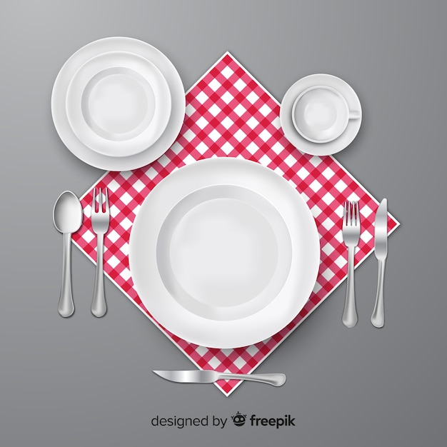 Vista aérea de cubertería de restaurante con diseño realista