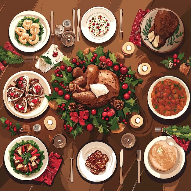 Vista aérea de la mesa de la cena festiva de Navidad Cena de Navidad multigeneracional