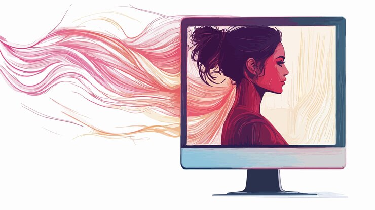 Vector vista de amplio ángulo de una mujer dentro de una computadora comprometida con la pantalla de línea de tecnología