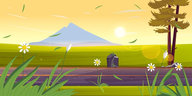 Vector vista animada de la naturaleza con carreteras montañas hermosas flores