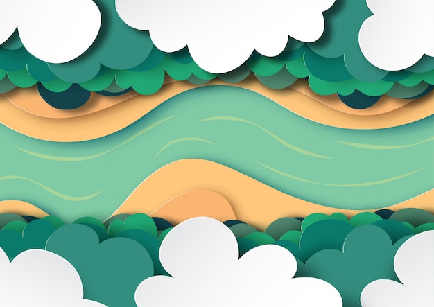Vista Arial del dosel del bosque, las nubes y el estilo de arte de papel de fondo del río