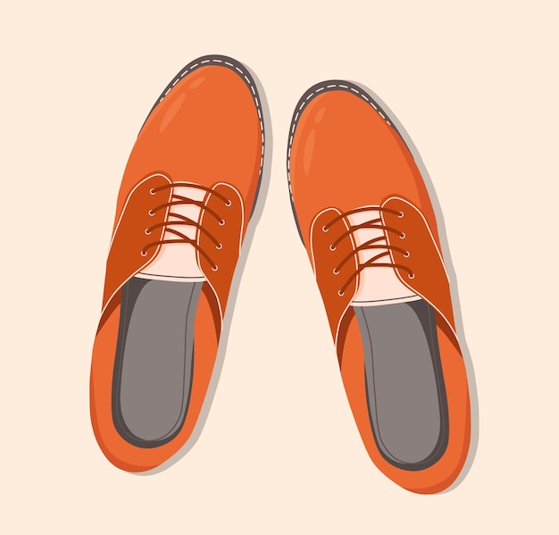 Vista de arriba hacia abajo de los zapatos. Ilustración aislada de zapatos unisex con cordones marrones clásicos. Vector dibujado a mano