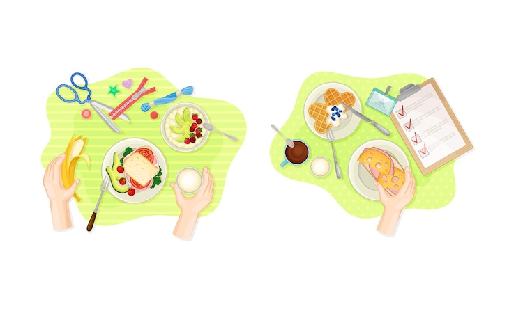 Vector vista desde arriba de las manos y los platos de desayuno dispuestos sándwiches, gofres y frutas servidos en platos ilustración vectorial