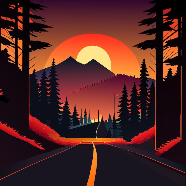 Vector vista del atardecer desde una ilustración vectorial escénica del automóvil