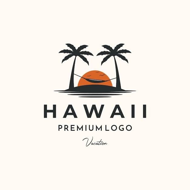 vista del atardecer playa palmera logotipo vintage vector ilustración minimalista paraíso hawaii diseño del logotipo