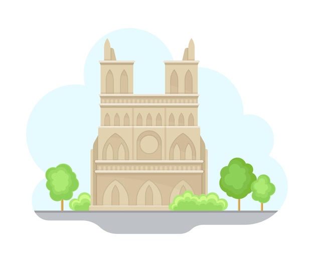 Vector vista de la calle de parís con catedral y árboles verdes ilustración vectorial