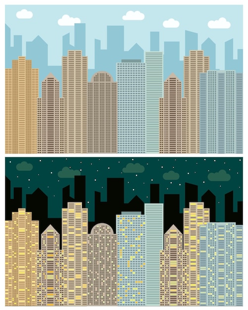 Vista de la calle con rascacielos de paisaje urbano y edificios modernos en el día y la noche ilustración de paisaje urbano vectorial xa