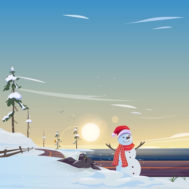 Vista de la calle con el río y el muñeco de nieve
