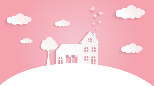Vector vista de la casa con globos de amor volando en el cielo rosa amor y corte de papel del día de san valentín