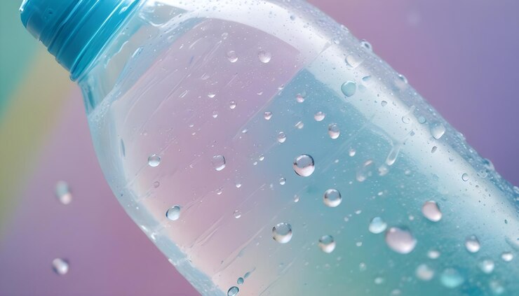 Vector una vista de cerca de una botella de agua de plástico con gotas de agua en ella