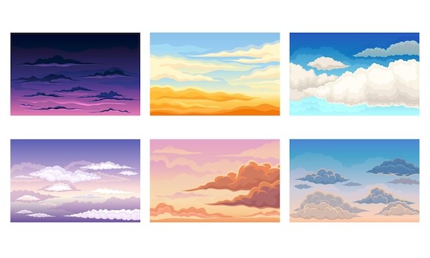 Vista del cielo con nubes que lo atraviesan y permanecen quietas Conjunto de escenas vectoriales