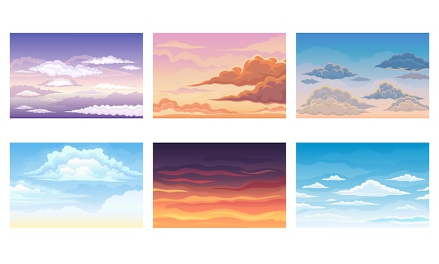 Vista del cielo con nubes que lo atraviesan y permanecen quietas Conjunto de escenas vectoriales