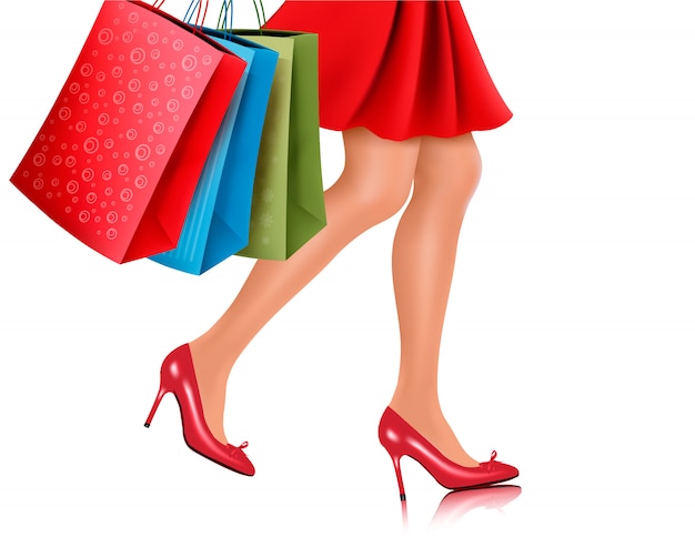 Vista de cintura para abajo de compras mujer vistiendo zapatos rojos de tacón y llevando bolsas de la compra. ilustración.