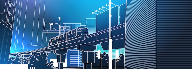 Vector vista de la ciudad moderna con puente ferroviario