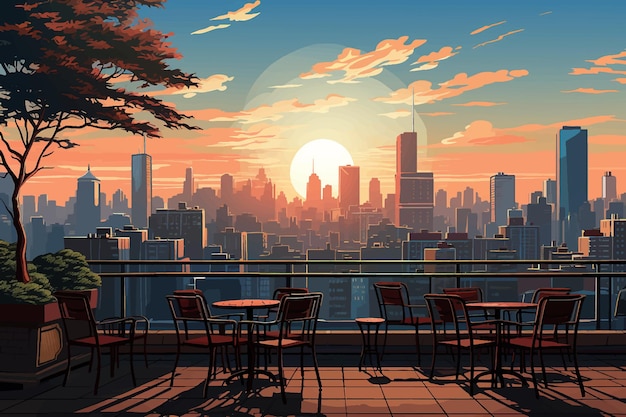 Vector vista de la ciudad desde un restaurante con muchos edificios altos cielo nocturno naturaleza papel pintado de anime enfermo