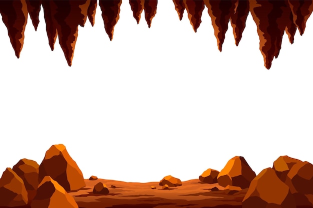 Vista desde una cueva o un marco vectorial de túnel en estilo de dibujos animados Paisaje de cueva con lugar para el texto Ilustración de dibuyos animados plana con centro en blanco