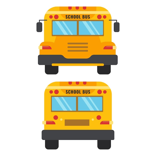 Vista delantera y trasera del autobús escolar amarillo Concepto de regreso a la escuela Apartamento aislado sobre fondo blanco