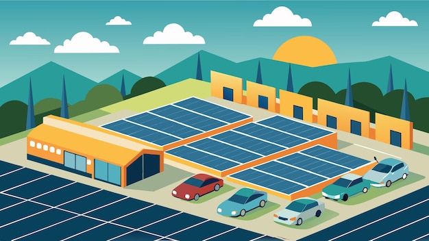 Vector una vista detallada de los paneles solares que cubren toda la superficie del estacionamiento de una fábrica que proporciona