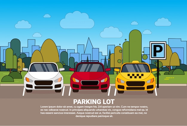 Vista del estacionamiento con diferentes autos y taxi sobre la silueta de la ciudad de fondo