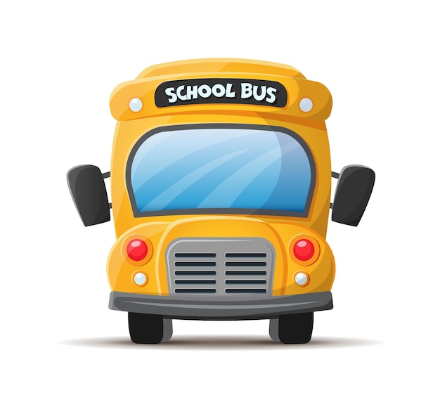 Vista frontal del autobús escolar amarillo Estilo de dibujos animados plano de vector aislado sobre fondo blanco