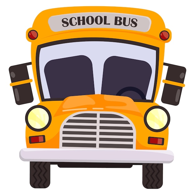 Una vista frontal del autobús escolar amarillo con las palabras autobús escolar en el frente