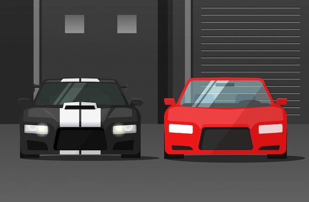 Vista frontal de automóviles deportivos o automóviles en la calle oscura