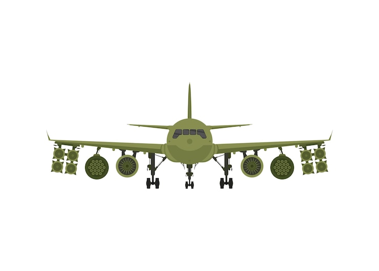 Vector vista frontal del avión militar combatiente verde con lanzacohetes