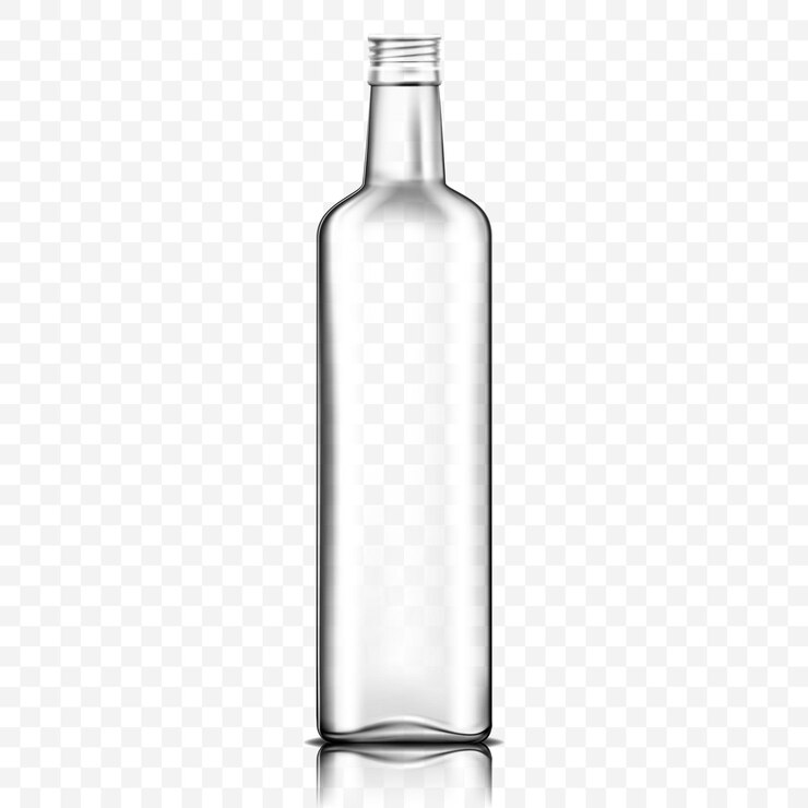Vector vista frontal de la botella de vidrio transparente vacía aislada en blanco. botellas para agua o aceite, aguacate o aceite de oliva, 3d realista
