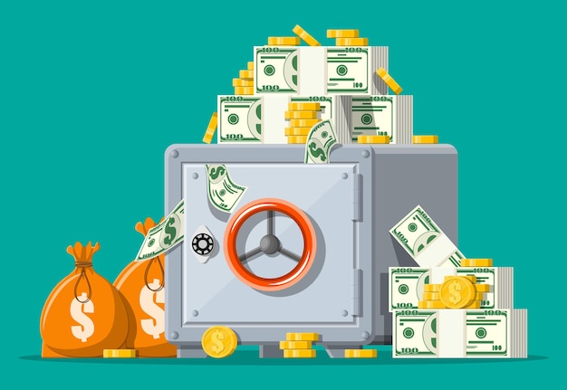 Vista frontal de la caja fuerte. Caja fuerte metálica plateada cerrada con dinero. Monedas de oro, montones de dólares en efectivo, bolsas con dinero. Seguridad de la bóveda del banco, depósito de depósito, caja fuerte de seguridad en efectivo.