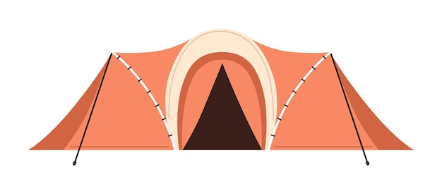Vista frontal de la carpa de lona con techo plano aislado sobre fondo blanco. Refugio portátil para acampar, recreación en la naturaleza y caminatas. Equipamiento turístico de verano. Ilustración de vector de dibujos animados planos coloreados.