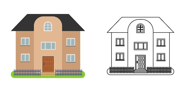 Vector vista frontal de la casa en estilo plano y de línea sobre fondo blanco cabaña aislada y fachada de edificio inmobiliario ilustración vectorial