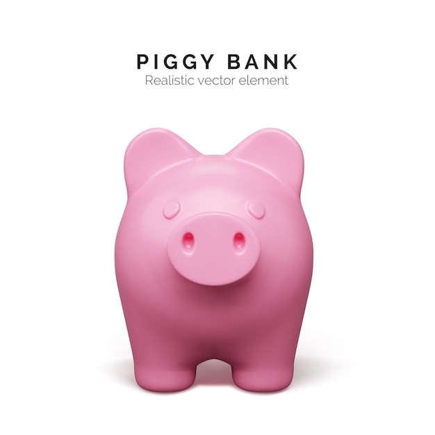 Vista frontal de cerdo rosa realista Hucha aislada sobre fondo blanco Concepto de hucha de depósito de dinero e inversión Ilustración vectorial