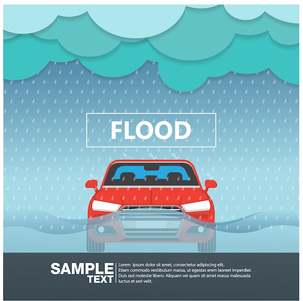 Vista frontal del coche en una estación lluviosa de inundaciones ilustración vectorial