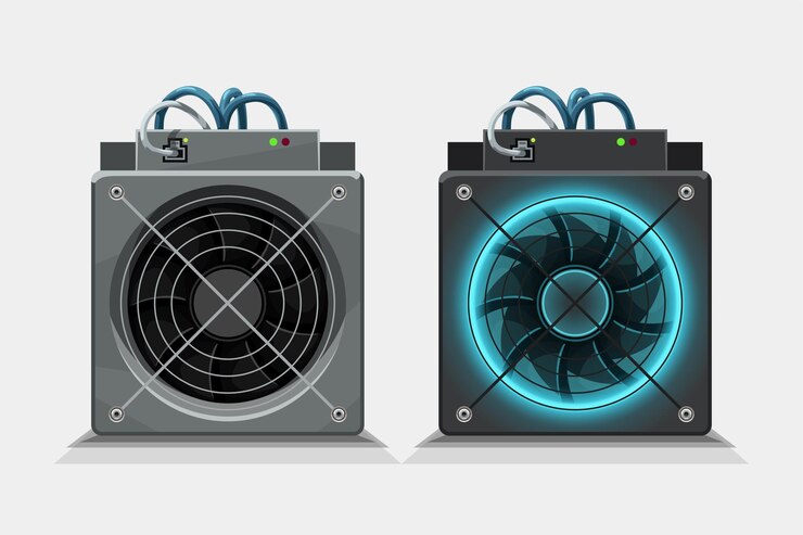 Vector vista frontal de las computadoras asic para minar criptomonedas